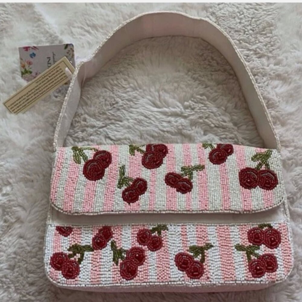Handcrafted in India Viral Beaded Cherries Cherry Pink Striped Shoulder Bag NWT